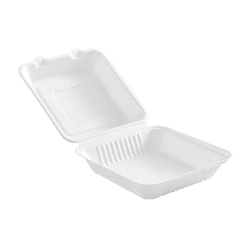 Globe 6011 8 X 8" X 3" Bagasse Compostable Hinged Container – 200/Case