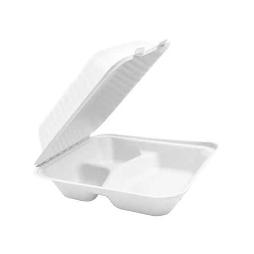 Globe 6015 9 X 9" X 3.25" Bagasse Compostable Hinged Container with 3 Compartments – 200/Case