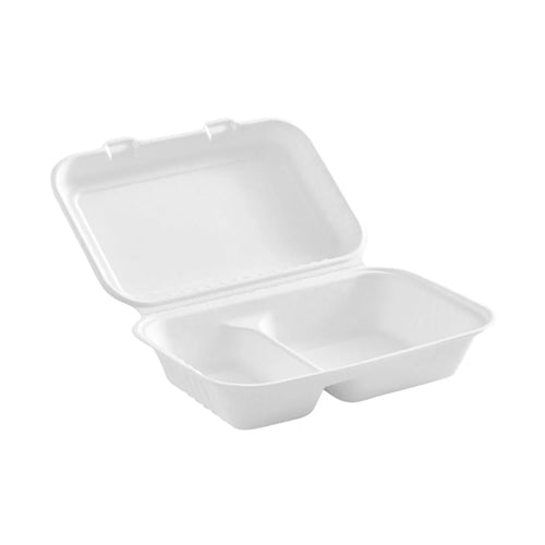 Globe 6016 9 X 6" X 3.25" Bagasse Compostable Hinged Container with 2 Compartments – 200/Case